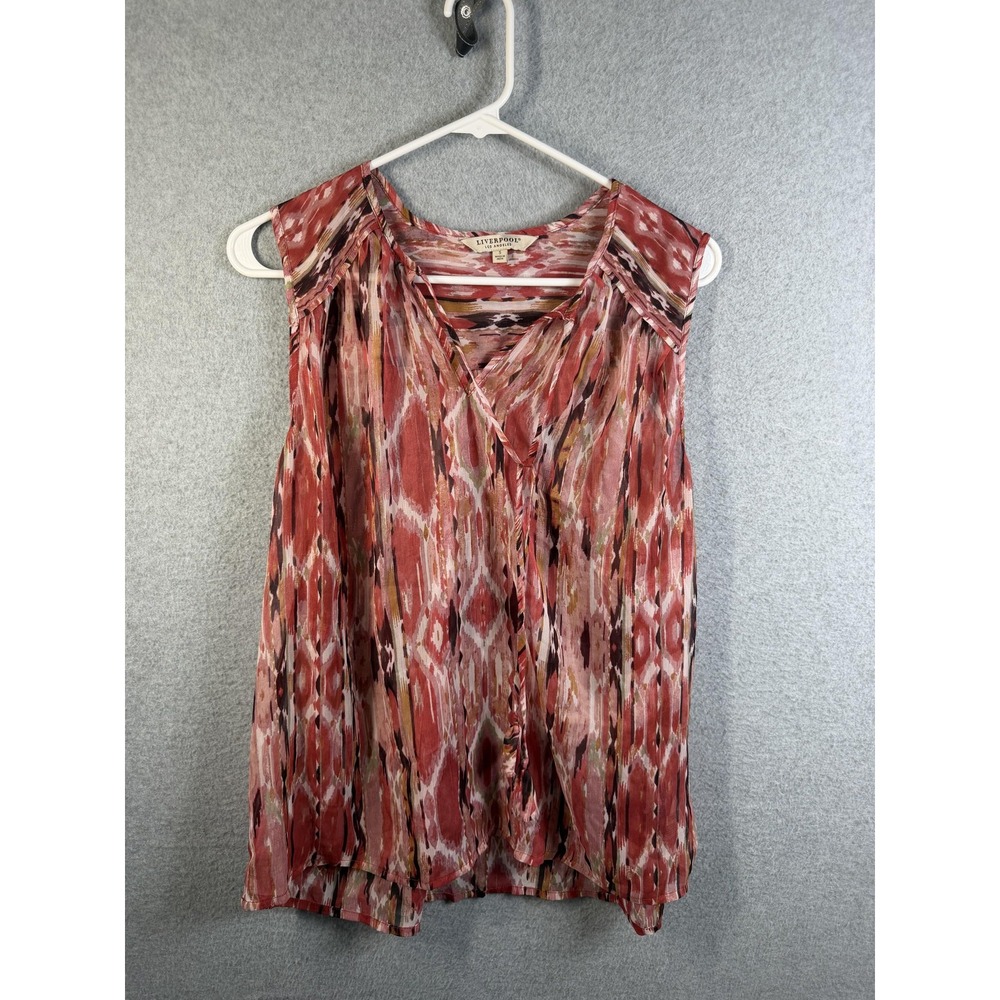 Liverpool Blouse Womens Small Red Ikat Print Pleated Sleeveless Tunic Top